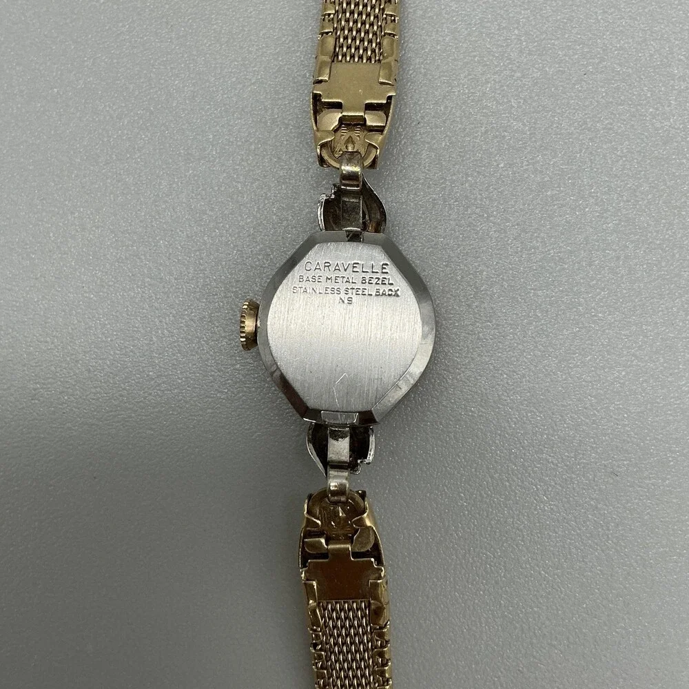Vintage Caravelle Womens Watch 14mm Champagne Gold Tone Bracelet Diamond Manual